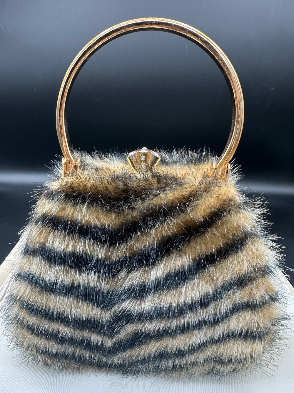 Debbie Brooks NY Faux Fur & Leopard Acrylic Evening Bag Crystal Clasp